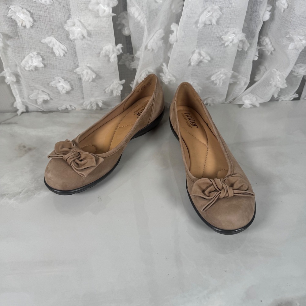 Hotter Jewel Comfort Shoes Ballerina Flats Bows Tan Leather Memory Foam‎ 8.5